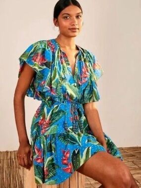 RARE Farm Rio Dream Garden Mini Dress | Blue Tropical | Size Small | 100% Cotton